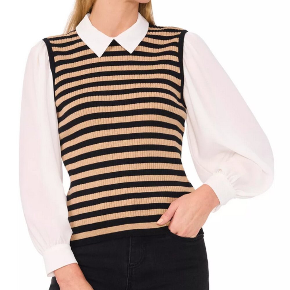 CeCe Striped Sweater Vest Blouse Large Puff Sleeve Peter Pan Collar Top